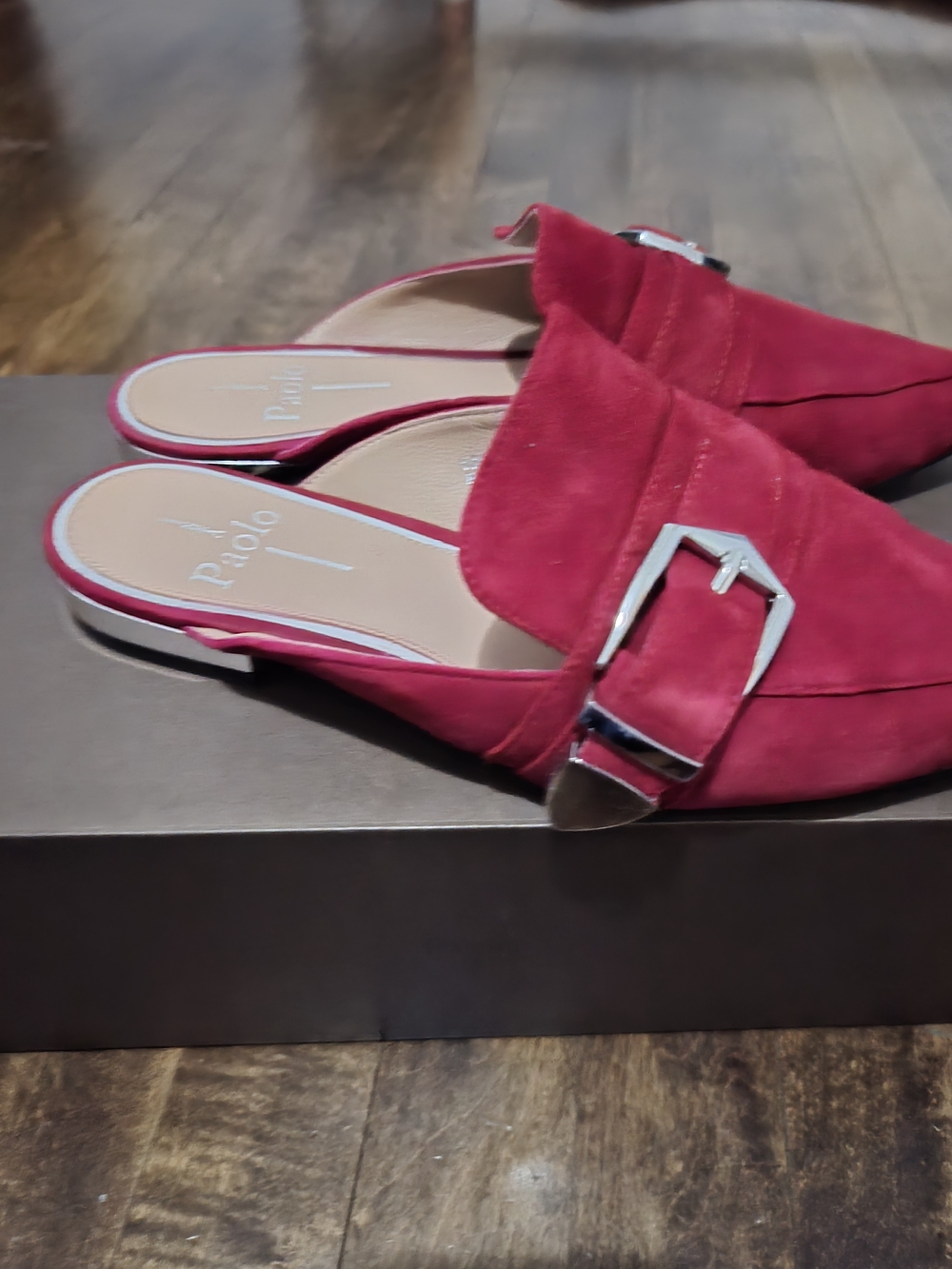 Pointed Red Suede Buckle Mules - Women - Picture 2 of 6